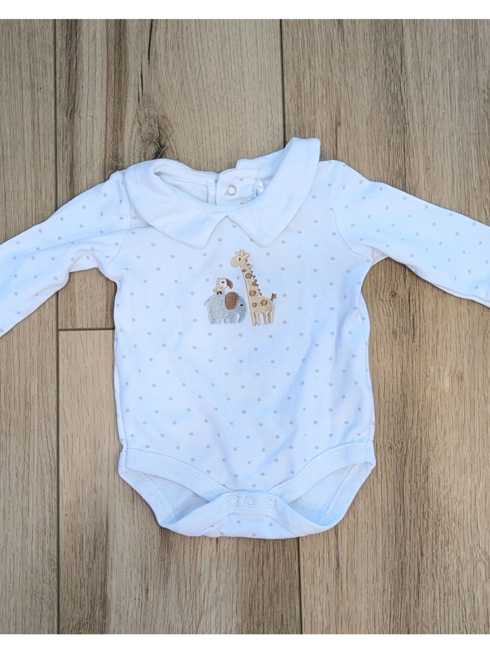 White Peter Pan Collar Baby One-Piece with Giraffe & Elephant Embroidery